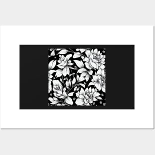 Vintage Floral Cottagecore  Romantic Flower Peony Rose Design Black and White Posters and Art